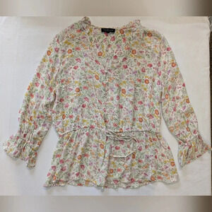 Rachel Zoe Floral blouse 3/4 sleeve with drawstring waist, size M